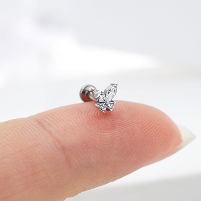 1Pcs 14K Yellow/White Gold Cartilage Earring for Women, 16G Threadless Flat Back Top Push in, Butterfly Tragus Helix Labret Lip Stud Piercing Jewelry