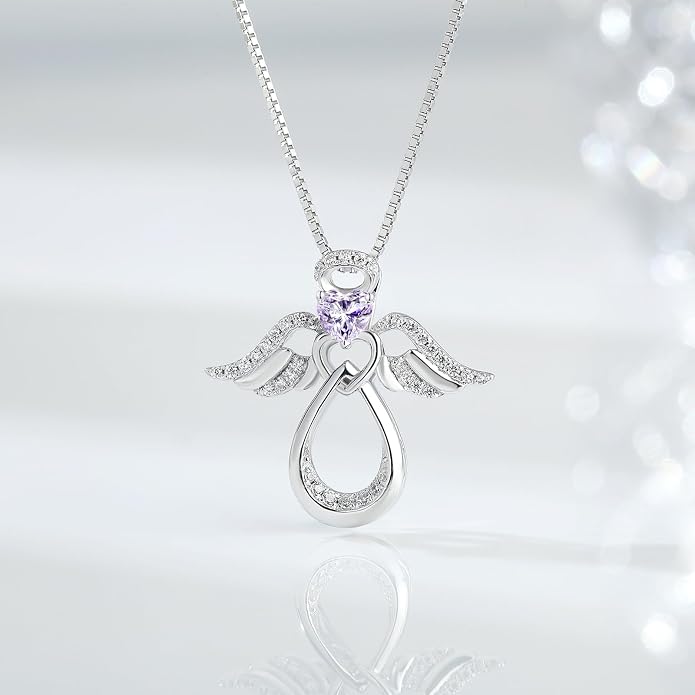 925 Sterling Silver Guardian Angel Pendant Necklace for Women with Birthstone Cubic Zirconia Little Angel Pendant Necklace Jewelry 18 inch Chain