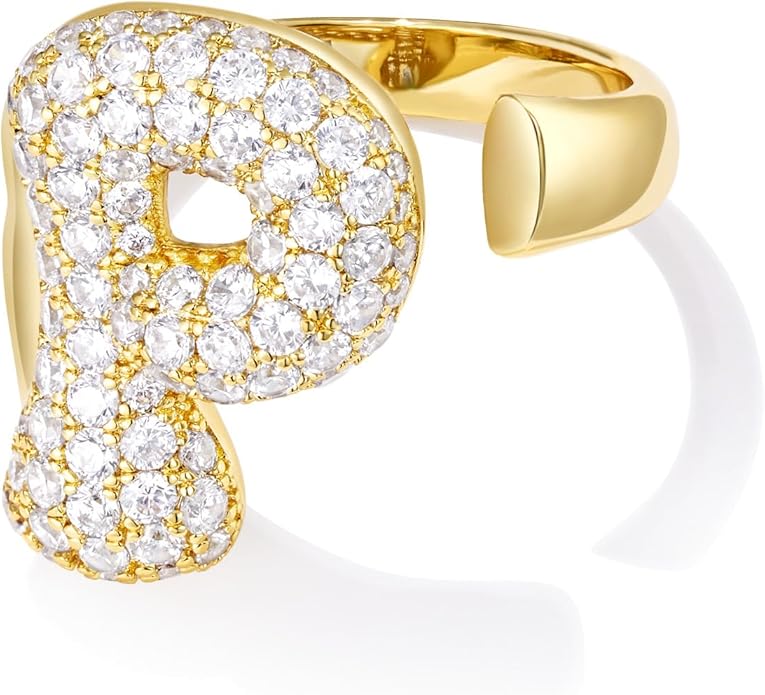 KissYan Bubble Initial Ring for Women, 14K Gold Plate Balloon Jumbo Letter Rings Open Adjustable Dainty Pave CZ Personalized Fashion Jewelry Gift for Mother's Day