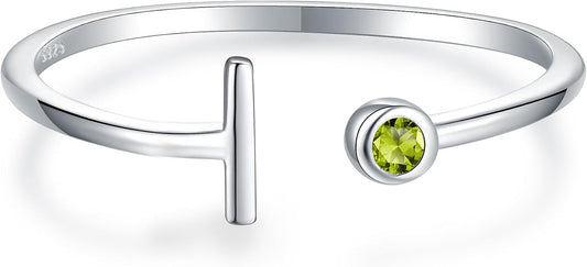925 Sterling Silver Initial Letter Birthstone Rings for Women Adjustable 1-12 Month Birthstone Alphabet Stacking Ring for Teens Girls Stackable Birthstone Rings Birthday Jewelry Gift for Daughter Mom