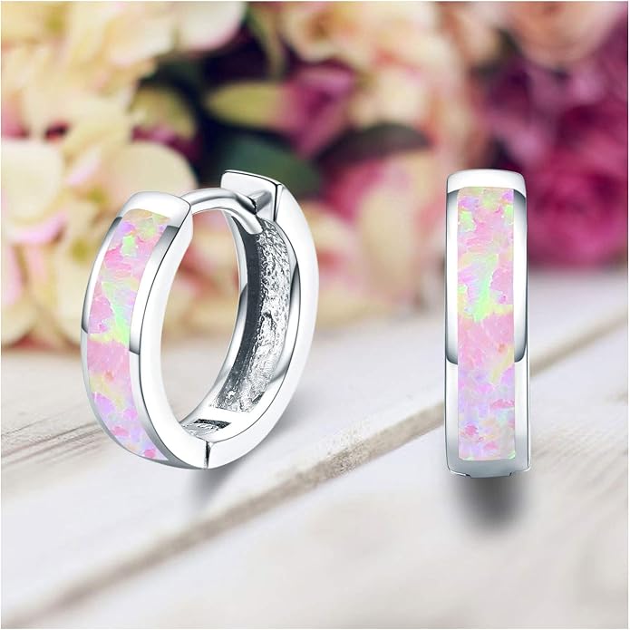 CUOKA MIRACLE 925 Sterling Silver Opal Hoop Earrings for Women - Opal Hinged Huggie Hoops, Hypoallergenic Small Hoop Earrings for Sensitive Ears, Dainty Everyday Jewelry Birthday Christmas Gift