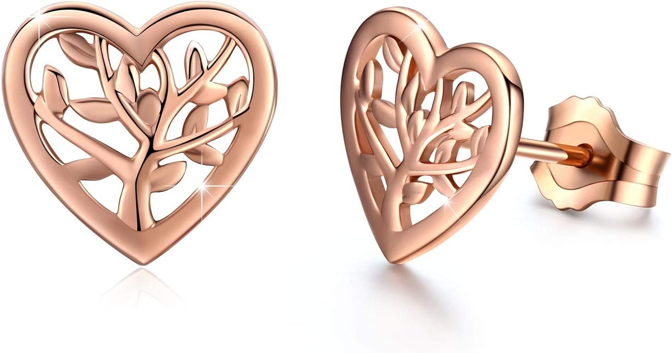 Tree of Life Earrings, 925 Sterling Silver Heart Shaped Studs for Women, Hypoallergenic Earrings for Sensitive Ears Gifts for Women with Gift Box…