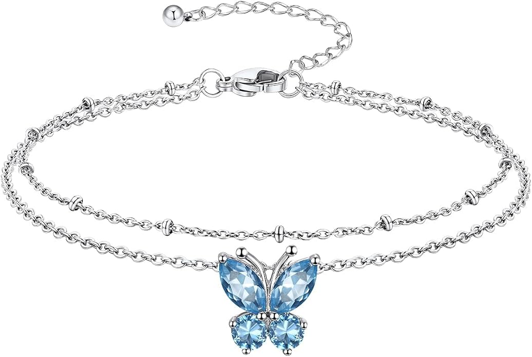 Richsteel Double Layer Heart/Butterfly Birthstone Anklet for Women Non Tarnish Waterproof, Silver/Gold/Black Stainless Steel 8.5-10.5 Inch Adjustable Chain Anklets Jewelry Gifts for Her
