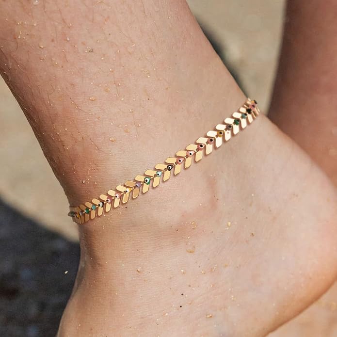 LOYATA Dainty Ankle Bracelet,14K Gold Plated Tiny Bead Anklet Dainty White Cubic Zirconia Cross Tassel Foot Chain Cute Lucky Moon Evil Eye Foot Jewelry Boho Anklets for Women