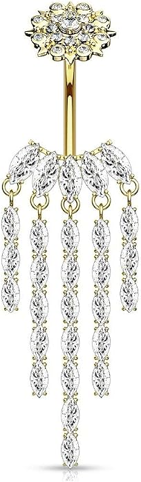 Forbidden Body Jewelry Surgical Steel Dangle Belly Button Ring with Drop CZ Chandelier & Internally Threaded CZ Flower Top