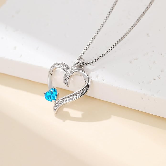 Love Heart Necklace for Women, 925 Sterling Silver Cubic Zirconia Birthstone Heart Pendant Jewelry Gift for Mom, Mother, Wife, Girlfriend on Birthday, Mother's Day, Chain 18 inch