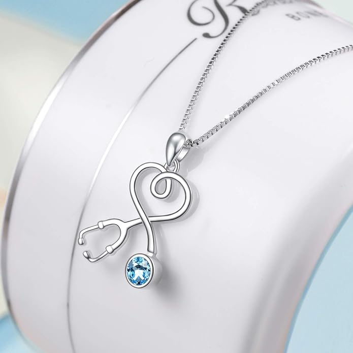 AOBOCO Stethoscope Necklace 925 Sterling Silver Embellished with 12 Months Birthstone Crystals from Austria, Graduation Gifts Medical Jewelry for Doctor Nurse Medical Student RN