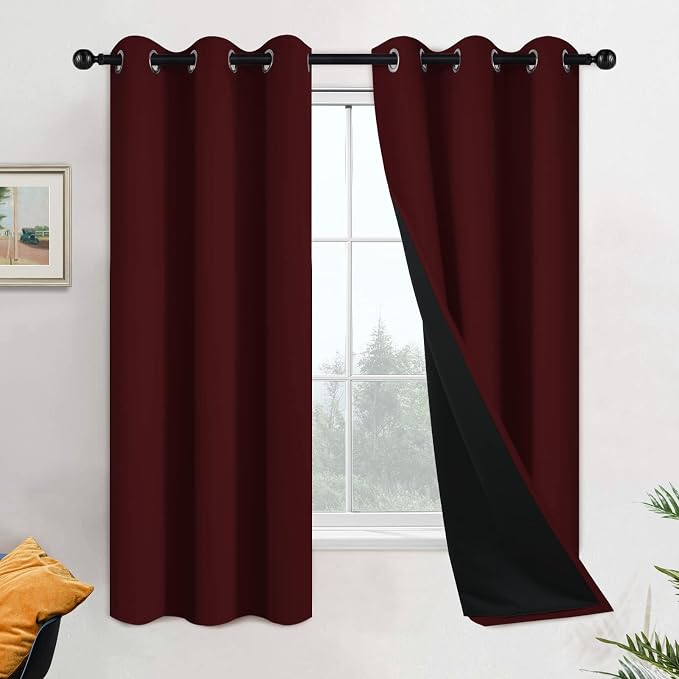 Yakamok Burgundy Red Blackout Curtains 63 Inches Long for Bedroom 42" Wide | Blackout Curtain Panels for Bedroom, 2 Thick Layers Grommet Top Thermal Insulated Drapes with Black Liner for Living Room