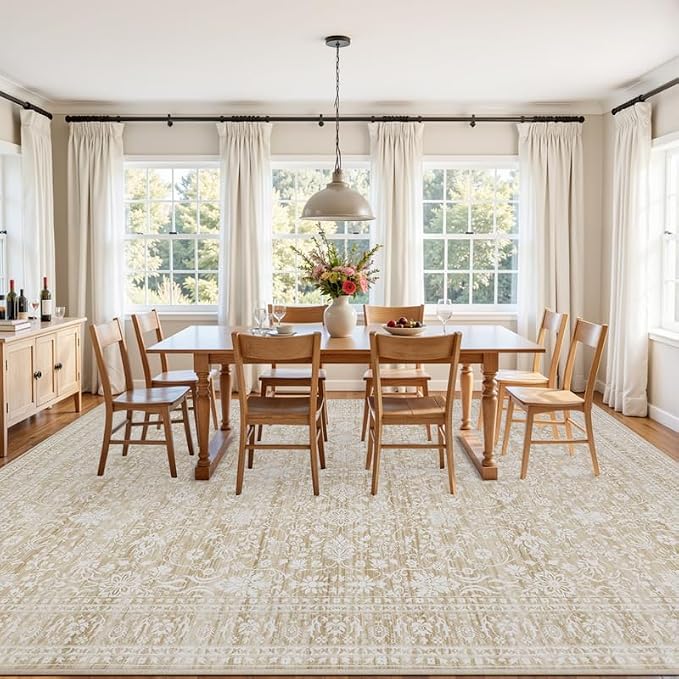 8x10 Area Rugs for Living Room: Vintage Boho Neutral Washable Rug Indoor Soft Large Area Rug Carpet for Bedroom Nursery Farmhouse Dining Room Office Floor Non-Slip Low Pile Under Table Natural Beige
