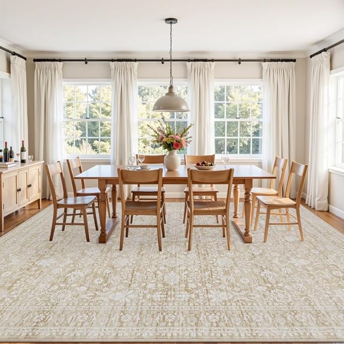 10x12 Area Rug for Living Room: Vintage Boho Neutral Washable Rug Indoor Soft Large Area Rug Carpet for Bedroom Nursery Farmhouse Dining Room Office Floor Non-Slip Low Pile Under Table Natural Beige