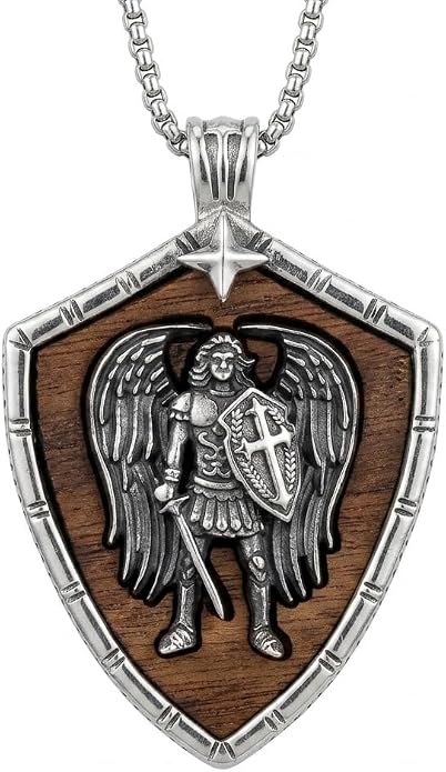 ONEFINITY Wooden Necklace Viking Wolf/St Benedict Medals/St Michael/Crucifix/St Christopher Pendant Necklace for Men Archangel Amulet Wooden Religious Jewelry Gifts for Men Women