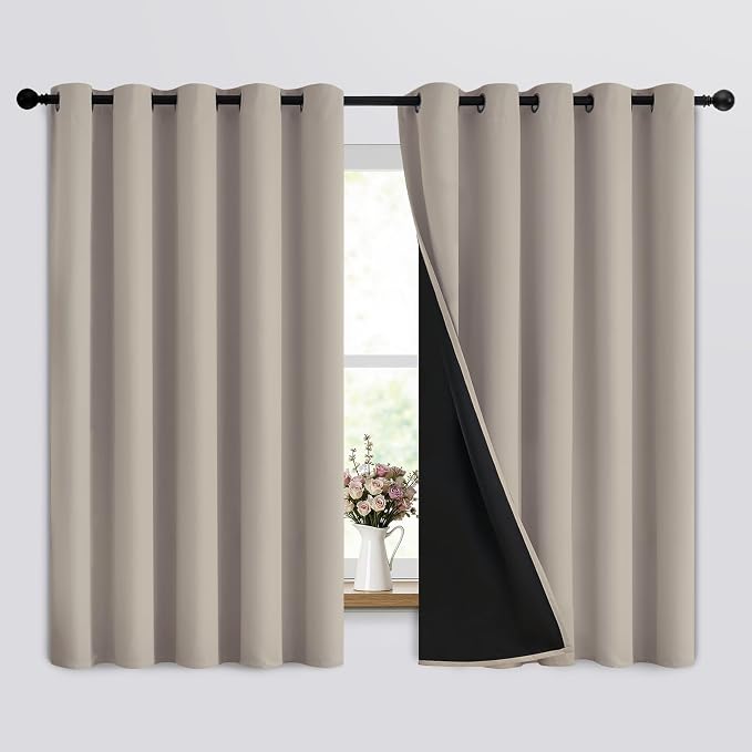 SimpleHome Natural 100% Blackout Curtains Room Darkening Living Room 63L | Curtains for Bedroom,Thermal Insulated Grommet Window Drapes,Curtains for Living Room with Black Back,62 x 63 Inch,2 Panels