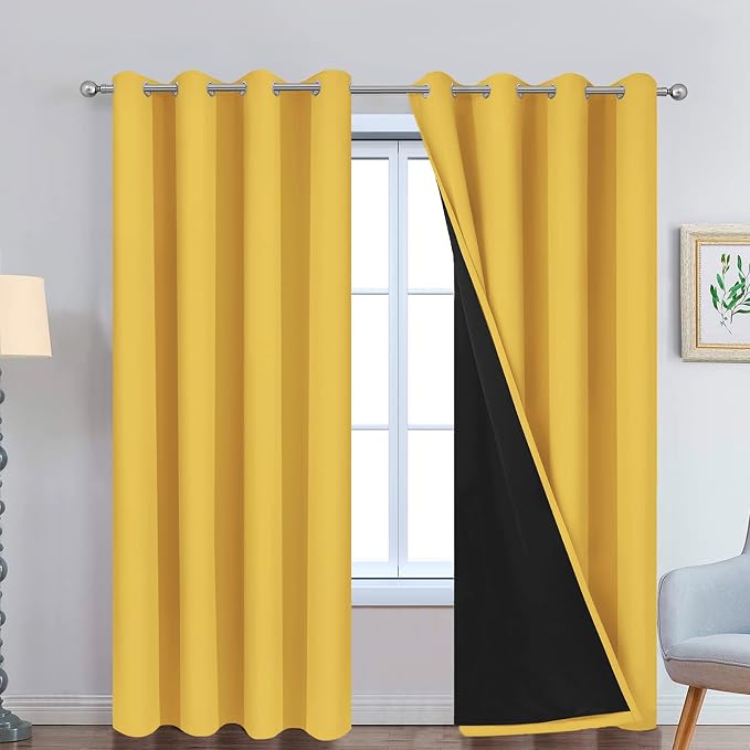 Yakamok Mustard Yellow Blackout Curtains Panels 96 Inches Long, 52" Wide | Blackout Curtain Panels for Bedroom, 2 Thick Layers Grommet Top Thermal Insulated Drapes with Black Liner for Living Room