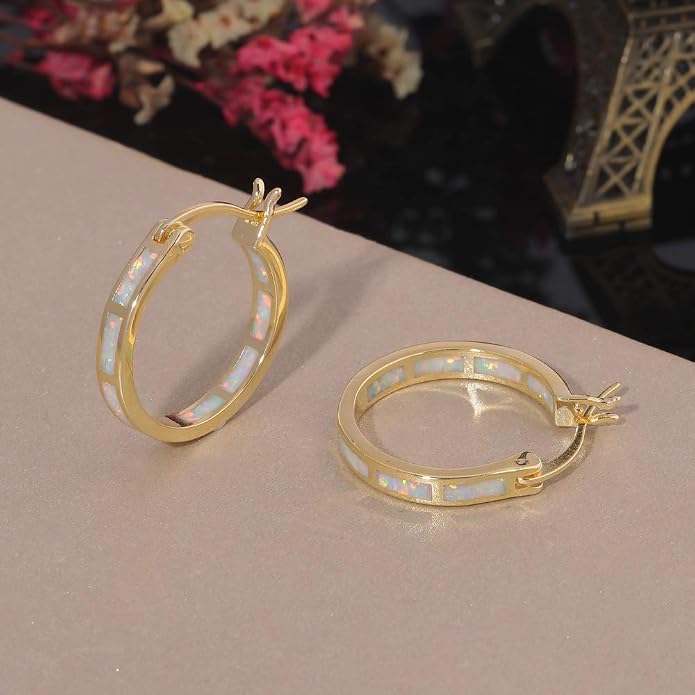 CiNily Sterling Silver/Rose Gold/Yellow Gold Plated Hoop Earrings 20mm,Multicolor Opal Small Hoop Earrings for Women Girls Hypoallergenic Jewelry for Sensitive Ears Gemstone Earrings