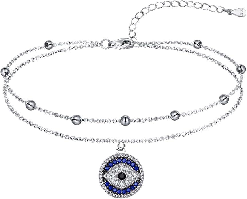 Blue Evil Eye Anklet Greek Evil Eye Anklet Bracelet Adjustable Ojo Turco Kabbalah Amulet Nazar Layered Silver Ankle Bracelets Protection Jewelry Amulet Gift for Wife Mother Sister Birthday