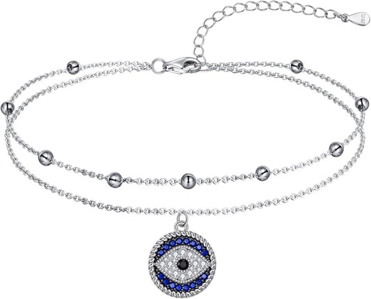 Blue Evil Eye Anklet Greek Evil Eye Anklet Bracelet Adjustable Ojo Turco Kabbalah Amulet Nazar Layered Silver Ankle Bracelets Protection Jewelry Amulet Gift for Wife Mother Sister Birthday