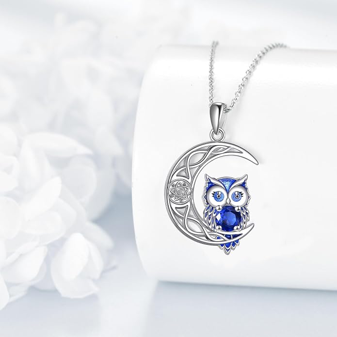 Owl Birthstone Necklace Sterling Silver Celtic Moon Pendant Cubic Zirconia Owls Jewelry Birthday Gifts for Women Men