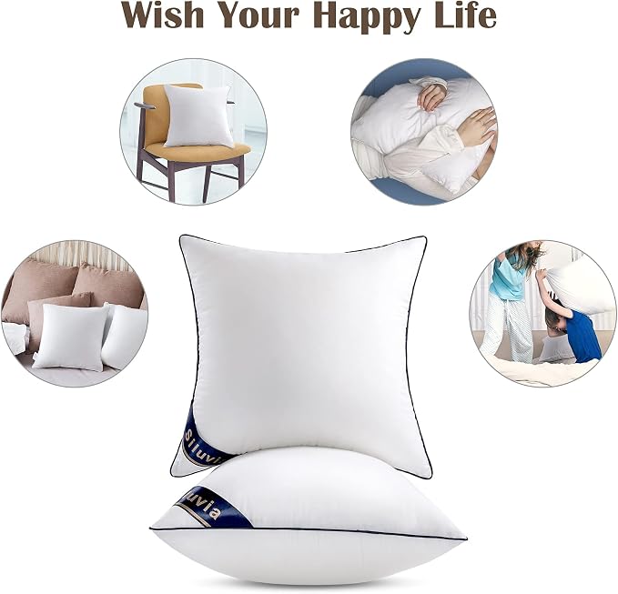 Siluvia 24x24 Pillow Inserts Set of 2 Square Throw 24 Euro Pillows with 100% Cotton Cover for Sofa, Couch, and Bed - White | 100% pure cotton cover, soft and breathable