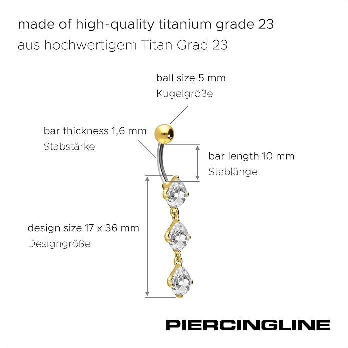 PIERCINGLINE Titanium Belly Button Piercing 925 Silver Design CRYSTAL DROPS safe