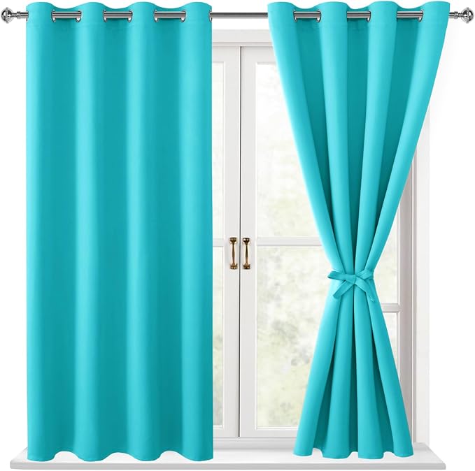 Hiasan Blackout Curtains for Bedroom - Thermal Insulated & Light Blocking Window Curtains for Living Room/Kids Room, 2 Drape Panels Sewn with Tiebacks, Turquoise, 52 x 45 Inch