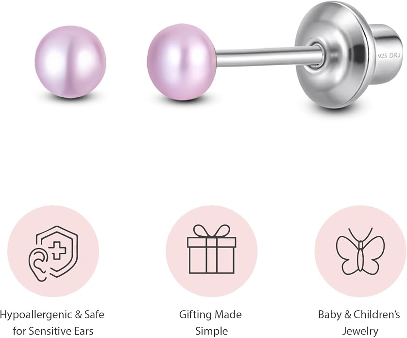 Pearl Screw Back Stud Earrings for Baby, Toddler, Girls | Hypoallergenic 925 Sterling Silver Screwback Safety Earrings | Simulated Pearl Studs for Sensitive Ears | Keepsake Gift for Birthdays Holidays Special Occasions