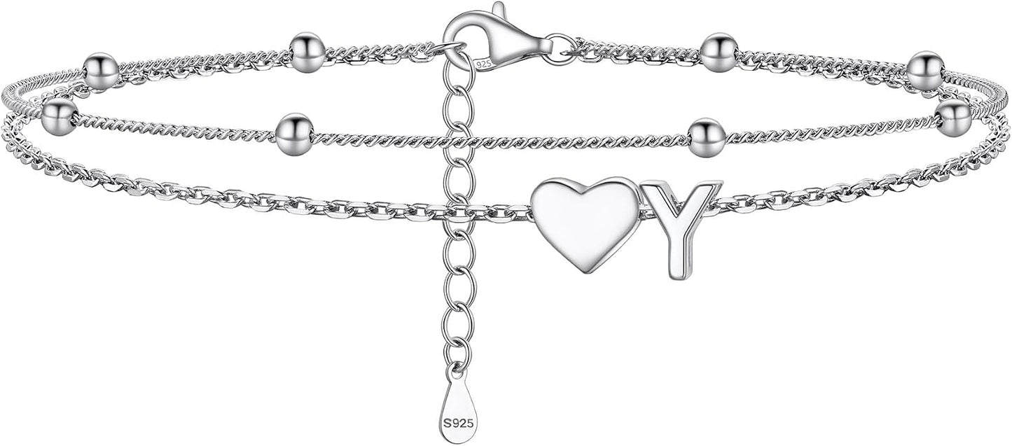 PROSILVER Ankle Bracelets for Women S925 Sterling Silver Anklets for Women Waterproof, Dainty Layered Heart Anklet, Beach Initial Anklet for Summer, Letter A-Z