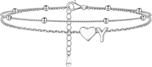 PROSILVER Ankle Bracelets for Women S925 Sterling Silver Anklets for Women Waterproof, Dainty Layered Heart Anklet, Beach Initial Anklet for Summer, Letter A-Z