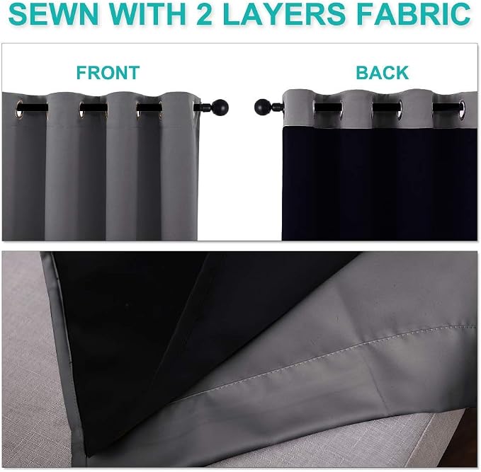NICETOWN 100% Blackout Short Curtains with Black Liners, 2 Panels, 37" W by 40" L, Grey, Solid Thermal Insulated Full Blackout 2-Layer Lined Drapes, Energy Efficiency Window Draperies for Bedroom
