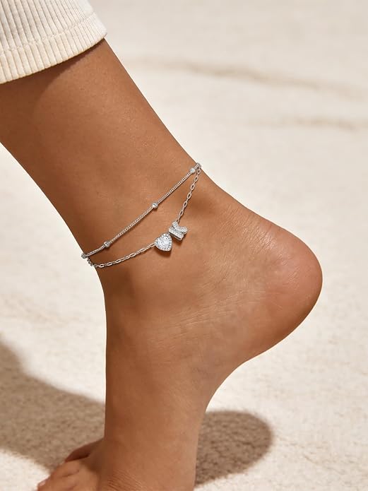 FindChic Silver/14K Gold Plated Layered CZ Initial Ankle Bracelet for Women | Waterproof Stainless Steel, Cubic Zirconia Letter Charm, Non-Tarnish, Hypoallergenic, Adjustable Extender, Summer Jewelry
