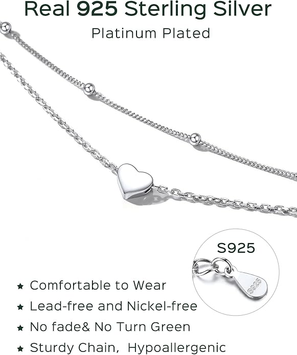 ChicSilver Sterling Silver Anklets for Women 925 Ankle Bracelets for Women Layered Heart Anklet With Beaded Anklets for Women