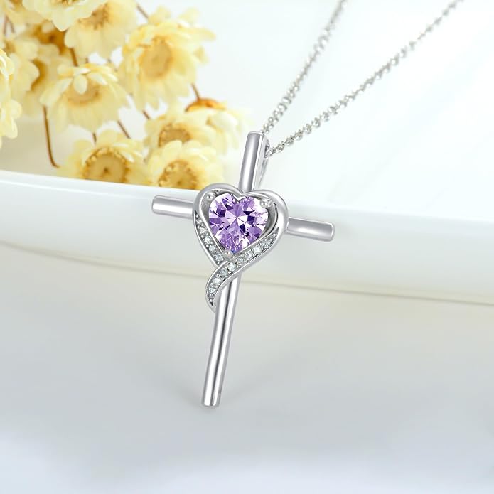 TOUPOP Birthstone Cross Necklace for Women 925 Sterling Silver Heart Cross Pendant Necklace Mothers Day Birthday Jewelry Gifts for Mom Wife Her