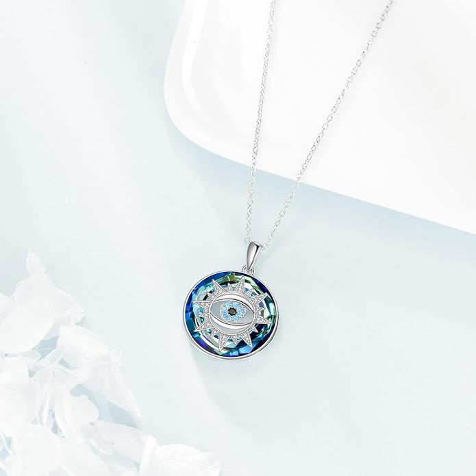 TOUPOP Evil Eye Necklace 925 Sterling Silver Tree of Life/Turquoise Evil Eye Crystal Pendant Necklace Protection Jewelry Amulet Christmas Gifts for Women Her