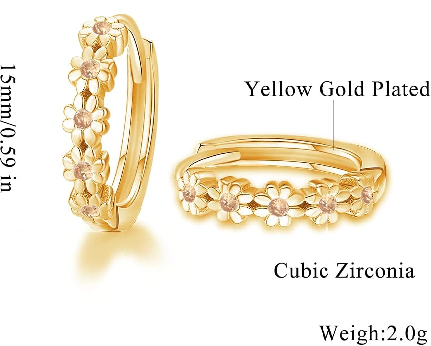 CiNily Small Hoop Earrings for Women Girls Flower Cubic Zirconia Huggie Earrings Hypoallergenic 14K Yellow Gold Plated Cartilage Earrings