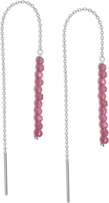 Sterling Silver Threader Earrings with Real Gemstone Beads - Elegant Pull-Through Design for Women, Dangling Western Earrings, Long and Short Adjustable Earring