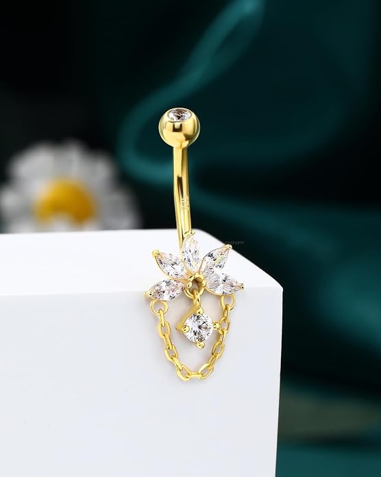 COCHARM Lotus 14K Gold Plated Belly Button Rings 925 Sterling Silver Belly Button Ring Dangle Navel Piercing Jewelry 10MM