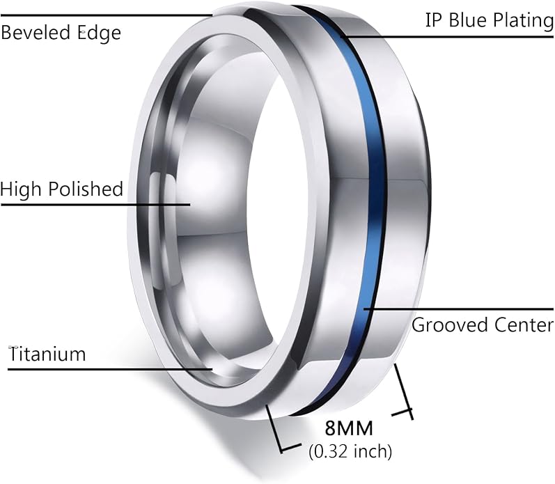 MMTTAO Men's Titanium Ring Wedding Bands for Men Women 6MM 8MM 10MM Black/Blue/Silver Engagement Band Wedding Rings Beveled Edge Brushed Matte Finished & Polished Grooved Center Comfort Fit Size 6-13