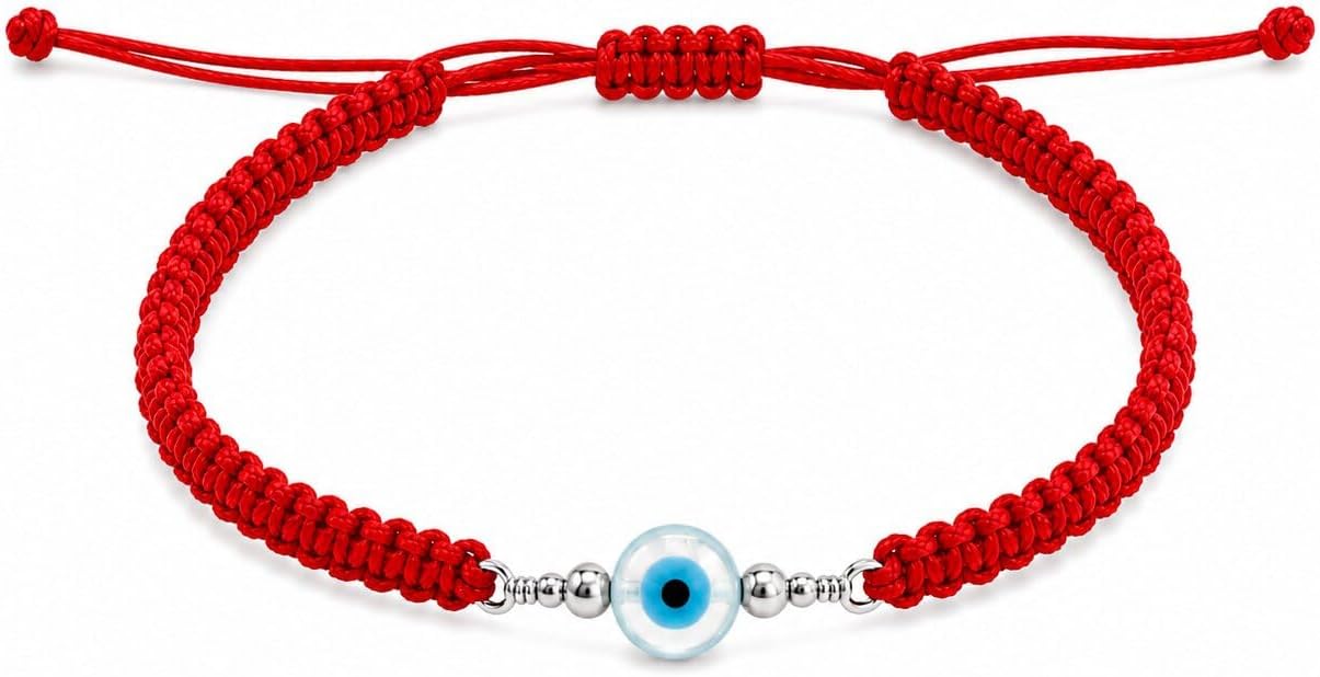 Evil Eye Bracelet for Men Women, Sterling Silver Protection Bracelet, Adjustable Black or Red Woven Cord Bracelet, Good Luck Jewelry Gift