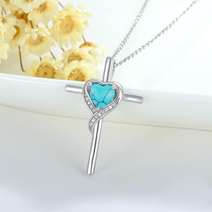 TOUPOP Birthstone Cross Necklace for Women 925 Sterling Silver Heart Cross Pendant Necklace Mothers Day Birthday Jewelry Gifts for Mom Wife Her