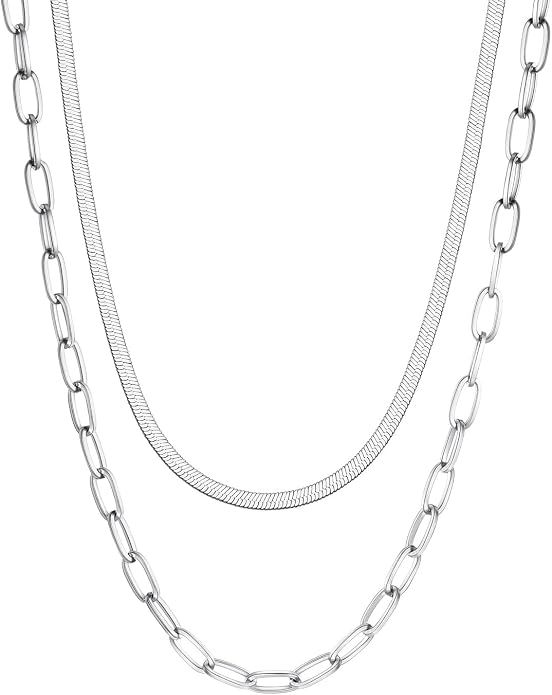 FOCALOOK 14K Gold Plated Necklaces for Women, Fashion Herringbone Choker Necklace Stainless Steel Flat Snake Chain 3/5MM(W) 12.5"/15"/18"+3.5"(L)