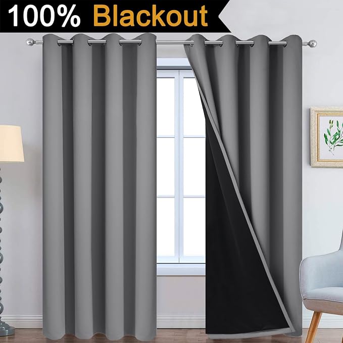 Yakamok Grey 100% Blackout Curtain Panels 84 inches, 52" Wide, 2 Panels | Blackout Curtain Panels for Bedroom, 2 Thick Layers Grommet Top Thermal Insulated Drapes with Black Liner for Living Room