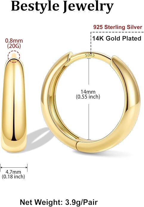 Bestyle Gold Huggies Earrings for Women Hypoallergenic 925 Sterling Silver Post Huggie Hoop Earrings Thick Lightweight Small Hoop Earrings 8/10/12/14mm