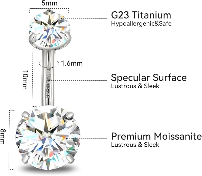 limerencia Moissanite Belly Button Ring, G23 Titanium Hypoallergenic Internally Threaded Navel Jewelry, Curved Dangle Belly Ring Piercing Jewelry for Women, Men