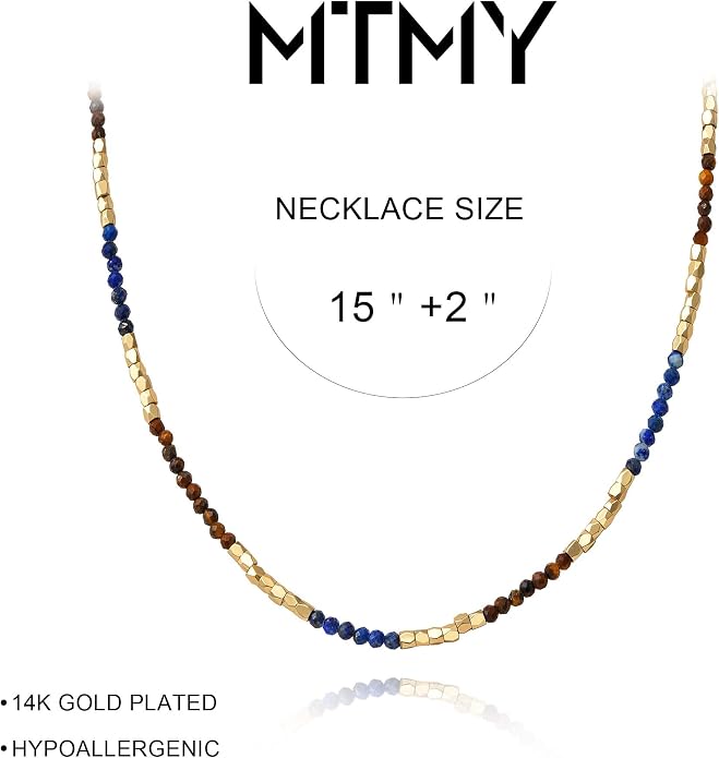 MTMY Beaded Gemstone Choker Necklace for Women, 14K Gold Plated Boho Colorful Natural Stone Bead Chain Necklace Summer Beach Handmade Jewelry