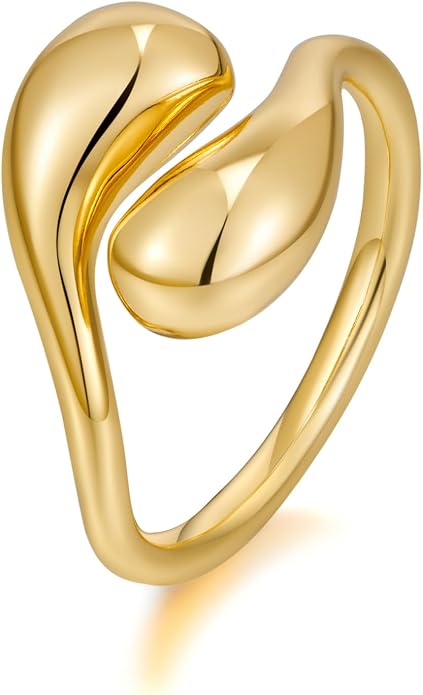 WOWORAMA Chunky Teardrop Rings for Women Silver Gold Bypass Dome Rings Thick Statement Open Adjustable Rings Simple Waterdrop Stackable Band Rings