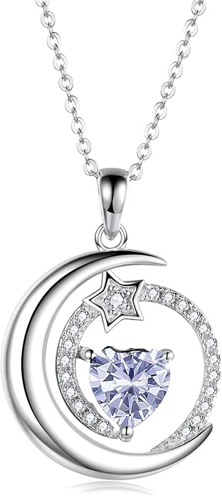 S925 Sterling Silver Birthstone Pendant Necklace Moon Star Necklace Jewelry Gift for Women Anniversary Valentine's day