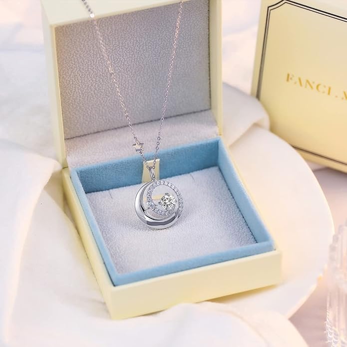FANCIME Birthstone Necklaces 925 Sterling Silver Moon and Star Pendant Fine Jewelry Birthday Mothers Day Gifts for Mom Wife Her Daughter, Adjustable Chain 16+2"