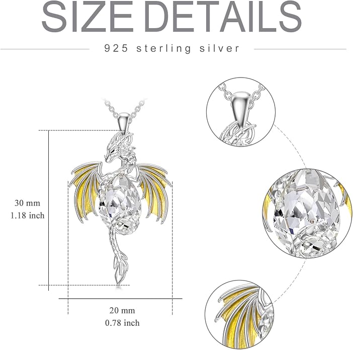 Dragon Necklace for Men Sterling Silver Birthstone Wyvern Necklace Embllished with Teardrop Shaped Crystal Jewelry for Women