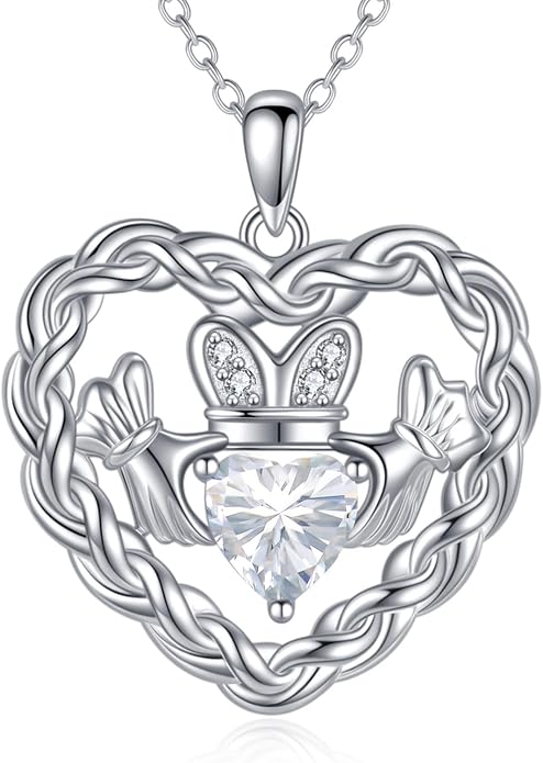 Birthstone Claddagh Heart Necklace 925 Sterling Silver Heart Celtic Knot Claddagh Necklace Pendant Irish Jewelry Gifts for Women Mom Wife Sister Christmas Birthday,18+2 inch