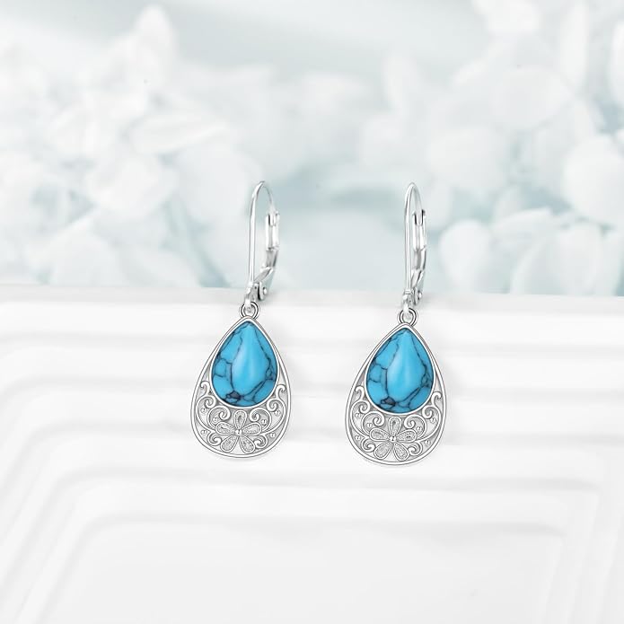 AOBOCO Teardrop Dangle Earrings for Women 925 Sterling Silver Moonstone Flower Filigree Leverback Jewelry Birthday