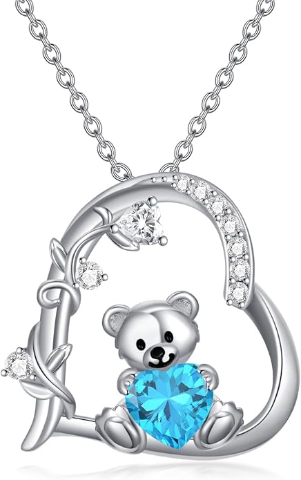 PELOVNY Teddy Bear Necklace for Women 925 Sterling Silver Bear/Highland Cow/Fox/Cat/Axolotl Birthstone Necklace Christmas Birthday Jewelry Gifts for Mom Daughter Wife Sister